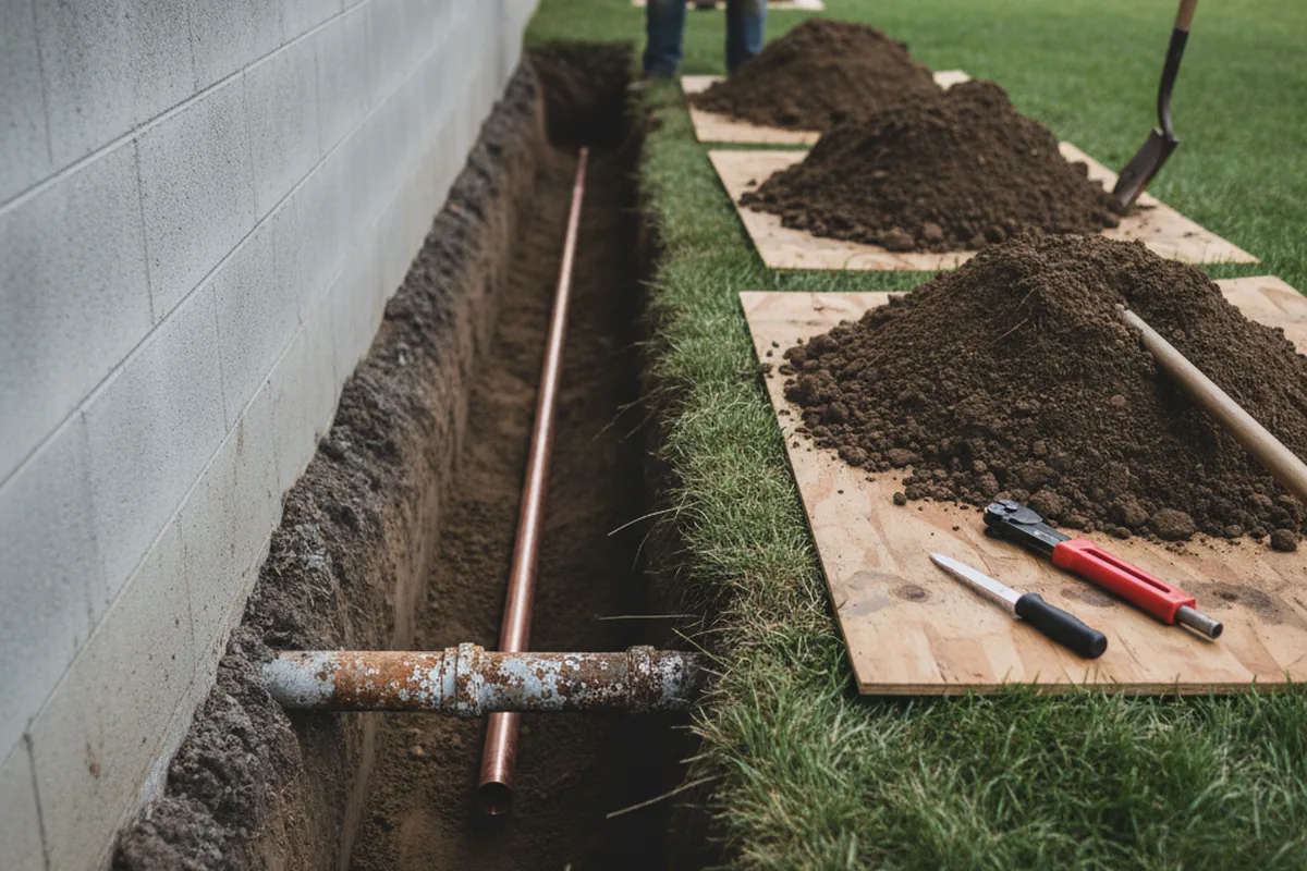 Excavated water line trench during Sewer Line Repair in Cuyahoga Falls